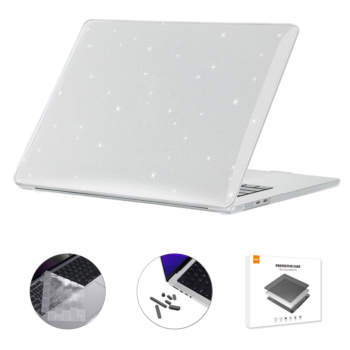 For Macbook Air 15 inch (2023) A2941 (US Version) Glitter PC Laptop Case with TPU Keyboard Film + Anti-Dust Plugs - Transparent For Macbook Air 15 inch (2023) A2941 (US Version) Glitter PC Laptop Case with TPU Keyboard Film + Anti-Dust Plugs - Transparent